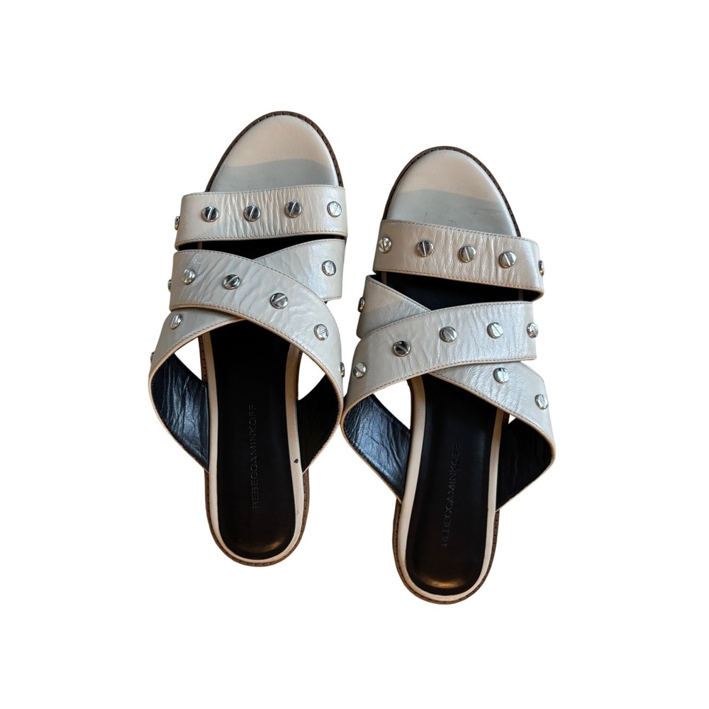 Rebecca Minkoff Studded Leather Slide Sandals Women Natural Beige Buckle Detail